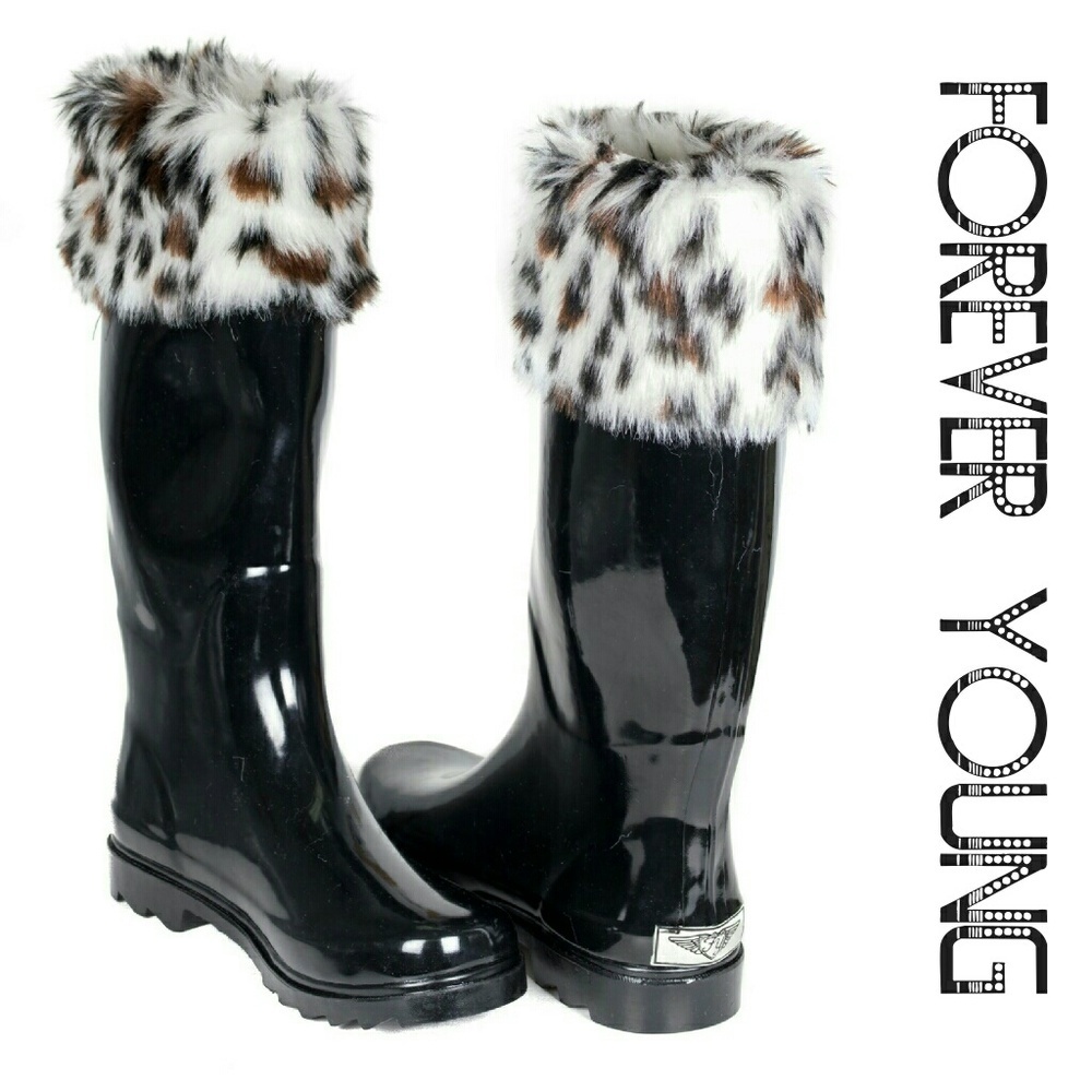 Women Tall Faux Fur Cuff Rain Boots, RB-1804
